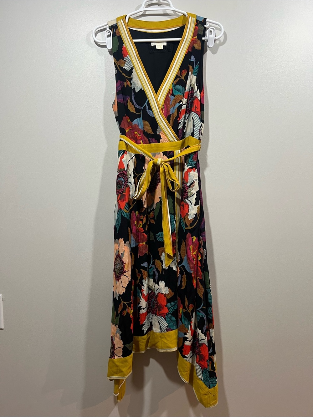 Anthropologie Maeve Floral Faux Wrap Midi Dress with Mustard Trim Size 8
